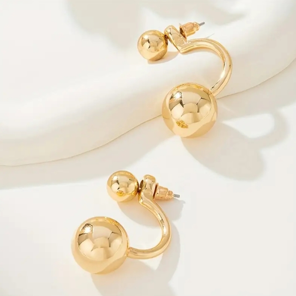 Gold Double Sphere Drop Earrings - Picture 2 of 2